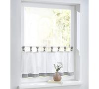 Cottage Rideau brise-bise à carreaux blancs et gris avec passants et boules en bois pur coton Rideau de cuisine style maison de campagne Largeur 120 cm Hauteur 50 cm