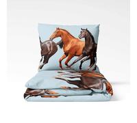 Cotton Market Parure de lit 160x200 cm avec taie d'oreiller - 100% Coton - Ensemble 3 pièces - Housse de Couette 160x200 cm et 2 taies d’Oreiller (70x80 cm) - Chevaux