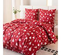 Cotton Market Parure de lit Noël Ensemble 135x200 cm Motif Hivernal Rennes et sapins Housse de Couette avec 2 taies 70x80 cm Microfibre Rouge de Noël Fermeture éclair Doux Facile dentretien
