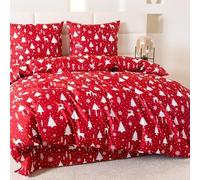 Cotton Market Parure de lit Noël Ensemble 155x200 cm Motif Hivernal Rennes et sapins Housse de Couette avec 2 taies 70x80 cm Microfibre Rouge de Noël Fermeture éclair Doux Facile dentretien