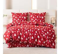 Cotton Market Parure de lit Noël Ensemble 220x200 cm Motif Hivernal Rennes et sapins Housse de Couette avec 2 taies 70x80 cm Microfibre Rouge de Noël Fermeture éclair Doux Facile dentretien