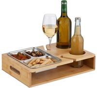 Couchbar - Bambou - Assiette de service en acier inoxydable pour les collations - Porte-verre à vin - Poignées - Organisateur de canapé - Naturel - Argenté