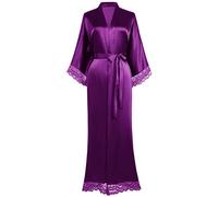 Coucoland Kimono Robe de Chambre longue Satin Robe de Nuit avec Bordure en Dentelle pour Femme Taille Unique