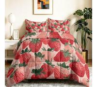 Couette 140 x 200 cm 4 Saisons, Dessin Animé Mignon Duvet 2 Personnes Douce Légère et Chaude, Couette Imprimée Réversible Fruits Fraises Feuilles Vertes, Edredon avec 2 Taies d'oreiller