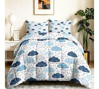 Couette 140 x 200 cm 4 Saisons, Nordique Féérique Duvet 2 Personnes Douce Légère et Chaude, Couette Imprimée Réversible Nuages Étoiles Smilies Pois, Edredon avec 2 Taies d'oreiller