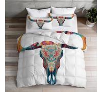 Couette 140x200 cm Imprimée Crâne de Taureau Motifs Style Ethnique - Boho Réversible Toutes Saisons avec 2 Taie d'oreiller 65x65 cm - 1 Personne, Lavable en Machine, Coloré