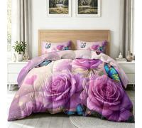 Couette 140x200cm Imprimée Plante Floral Animal Romantique Rose Papillon, 4 Saisons Couette 1 Personne Réversible sans Housse - Microfibre Douce et Confortable Couverture Quilting Rose Violet