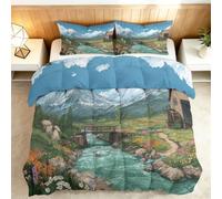 Couette 160x200cm Vallée Fleurs Sauvages Paysage De Chalet Couette sans Housse 4 Saisons, Couettes Imprimée Réversible Ultra Douce pour Enfant Adulte Chambre Decoration, Lavable Machine