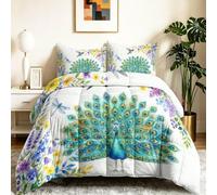 Couette 200 x 200 cm 4 Saisons, Élégant Classique Duvet 2 Personnes Douce Légère et Chaude, Couette Imprimée Réversible Animaux Paons Libellules Fleurs, Edredon avec 2 Taies d'oreiller