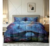 Couette 200 x 200 cm Enfant Fantaisie Château, Couette Imprimée 4 Saisons pour Lit 1 Personnes - Duvet Réversible Chaud Magique Pont Pierre Forêt, Douce Édredon sans Housse et 2 Taie d'oreiller 65x65