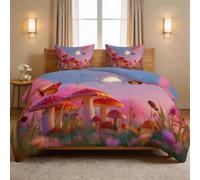 Couette 200 x 200 cm Imprimée 4 Saisons, Couette sans Housse Onirique - Réversible Edredon Champignons Papillons Herbe, Parure de Lit 2 Personnes avec 2 Taies d'oreiller, pour Enfant Fille