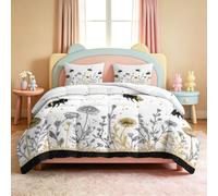 Couette 200x200 4 Saisons Botanique, Couette Abeille Dorée Floral Noir Or pour lit 1/2 Personnes, Couverture Quilting d'Réversible sans Housse pour Adulte - Lavable en Machine