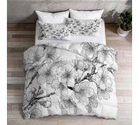 Couette 200x200 cm Imprimée Fleurs de Cerisier Branches Lignes - Peint Réversible Toutes Saisons avec 2 Taie d'oreiller 65x65 cm - 1 Personne, Lavable en Machine, Noir Blanc