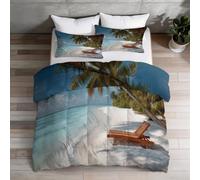 Couette 200x200 cm Imprimée Palmier sur Plage Côtière - Tropical Réversible Toutes Saisons avec 2 Taie d'oreiller 65x65 cm - 1 Personne, Lavable en Machine, Bleu