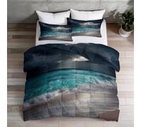 Couette 200x200 cm Imprimée Plage Côtière avec Nuage Sombre - Tropical Réversible Toutes Saisons avec 2 Taie d'oreiller 65x65 cm - 1 Personne, Lavable en Machine, Turquoise, Gris