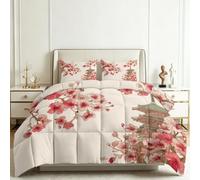 Couette 200x200 cm Pagode Architecture Botanique Fleurs, Couette Oriental 2 Personnes 4 Saisons Sans Housse, Parure de Lit Réversible en Microfibre Lavable en Machine avec 2 Taies d'Oreiller 65x65 cm