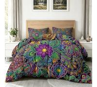 Couette 220 x 240 cm 4 Saisons, Couette Imprimée Géométrie Motifs Paisley Fleurs Réversible pour Lit 2 Personnes - Duvet Douce Légère et Chaude - 2 Taie d'oreiller, Vintage Bohème