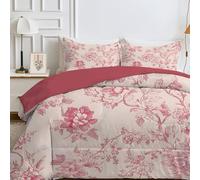 Couette 220x240 4 Saisons Rose Clair, Couette Imprimée Fleurs Rouges pour lit 2 Personnes, Couette Réversible sans Housse, Lavable en Machine, Couette Légère 200GSM avec 2 Taies d'oreiller, C71