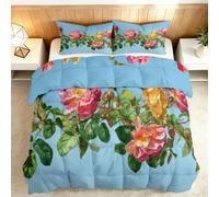 Couette 220x240cm Roses Roses Et Jaunes Couette sans Housse 4 Saisons, Couettes Imprimée Réversible Ultra Douce pour Enfant Adulte Chambre Decoration, Lavable Machine