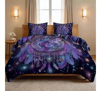 Couette 240 x 260 cm Lit 2 Personnes, Édredon Bohème Ciel Étoilé, Couette Matelassée Réversible 220 GSM en Coton Lavé, Animal Licorne Attrape-Rêve Parure de Lit pour Enfants et Adultes - Violet