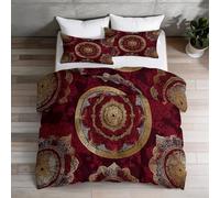 Couette 240x220 cm Imprimée Mandala Luxe géométrique - Boho Réversible Toutes Saisons avec 2 Taie d'oreiller 65x65 cm - 1 Personne, Lavable en Machine, Rouge foncé Brun