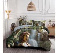 Couette 240x220cm 4 Saisons Fontaine D'Inspiration Zen Bouddha Doré | Édredon Sans Housse Réversible pour lit 2 Personnes, Couette Légère Cascade En Forêt Microfibre Douce avec 2 Taies 65x65cm