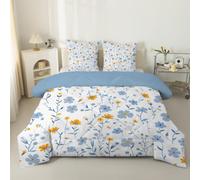 Couette 260x240 cm Petites fleurs jaunes Sans Housse Imprimée Tempérée Pour Lit 2 Personnes Réversible Légère, Motif abstrait - Edredon Duvet 240x260 avec 2 Taies d'oreiller 65x65 Bleu et blanc C86