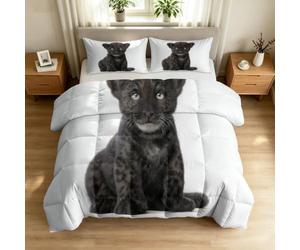 Couette 4 Saisons200x200 cm avec 2 taies d'oreiller 65x65 cm - Blanc | Animaux De Compagnie Adorables Édredon Réversible sans Housse Lavable, Petit Panthère Noire Couette Légère Matelassée