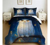Couette Enfant 140 x 200 cm Chouette de Dessin animé Microfibre Imprimée Bleu 4 Saisons, Couette 1 Personne avec Taie d’Oreiller 65x65 cm