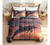 Couette Imprimée 140x200 cm Animaux Marins Coucher De Soleil 4 Saisons Duvet 1 Personne Ciel Tropical Rose Réversible Édredon sans Housse Doux avec 2 Taies d'oreiller Decoration Chambre et CadeauQ120
