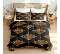 Couette Imprimée 240x260 cm Damas Baroque 4 Saisons Duvet 2 Personnes Noir Or Réversible Édredon sans Housse Doux avec 2 Taies d'oreiller Decoration Chambre et Cadeau 1q247
