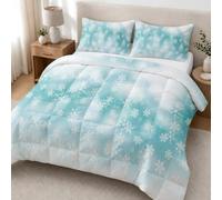 Couette Imprimée 240x260 Flocon De Neige Noël Couette sans Housse | Réversible Matelassée Duvet 2 Personnes Hiver Bleu Clair 4 Saisons Édredon Lavable, 2 Taies d'oreiller 3H1349