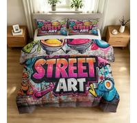 Couette Imprimée 240x260 Mur de Briques Duvet 2 Personnes 4 Saisons | Graffiti Douce Couette sans Housse Lavable avec 2 Taie d'oreiller Decoration Chambre