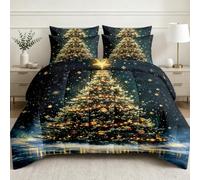 Couette Imprimée 240x260 Sapin De Noël Style Rêveur Réversible 4 Saisons | étoile Dorée Vert Or 2 Personnes Couette Matelassée sans Housse Hiver Lavable Edredon Douce avec 2 Taies d'oreiller