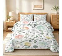 Couette Imprimée 260x240 Petites Fleurs et Feuilles Vertes Grande Couette 2 Personnes 4 Saisons Plantes Légère et Chaude Édredon pour Lit Adulte Décoration Chambre MJ110