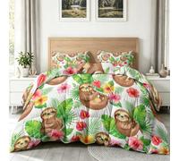 Couette Imprimée Aquarelle Mignonne avec 2 Taies Motif Animaux Paresseux Fleurs Feuilles Vertes, Édredon Réversible sans Housse 240 x 260 cm 4 Saisons, Microfibre Douce et Hypoallergénique Couette