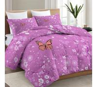 Couette Imprimée Fleur Bohème 140x200 cm 4 Saisons | Couette Édredon Réversible sans Housse avec 2 Taies d'oreiller, Couverture Respirante Douce, Papillon Branches Fleurs Violet