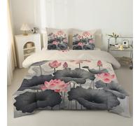 Couette Imprimée Lotus vintage - Couette 140x200 pour 1 Personne Réversible - Edredon 4 Saisons Motif décoratif vintage Legere Imprimée et Chaude avec 2 Taies d'oreiller, Feuilles de lotus grises C83