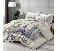 Couette légère et Confortable Monuments de Paris, Dessiné à la Main, Ville Patchwork Couvre Lit,Personnes 220 x 240 cm Boutis Courtepointe Matelassé Réversible Beige Sable