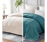 Couette matelassée respirante Unyqoos® pour toutes saisons – confortable, garnissage en polyester de 300 g, housse en microfibre, réversible (bleu-vert/beige), lavable en machine, disponible en 4 tail