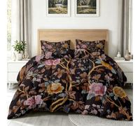 Couette Réversible 155 x 220 cm Floral Branches Et Feuilles Couette 4 Saisons sans Housse, Vintage Luxe Douce Imprimée Couettes Matelassée avec 2 Taies d'oreiller pour Garçons et Filles, Noir
