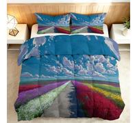 Couette Réversible 160x200cm Mer De Fleurs Peintes Ciel Bleu Et Nuages Blancs Couette 4 Saisons Couettes Matelassée Dessus De Lit Boutis Couvre-Lit Édredon Couettes Chaude Épais Imprimée Pompon