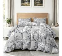 Couette Réversible 220 x 240 cm Floral Feuilles Branches Couette 4 Saisons sans Housse, Minimaliste Scandinave Douce Imprimée Couettes Matelassée avec 2 Taies d'oreiller pour Garçons et Filles, Blanc