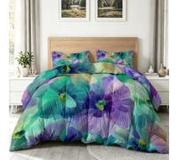 Couette Réversible 220 x 240 cm Floral Plantes Couette 4 Saisons sans Housse, Aquarelle Moderne Douce Imprimée Couettes Matelassée avec 2 Taies d'oreiller pour Garçons et Filles, Violet Clair