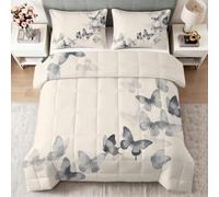 Couette sans Housse 240 x 260 cm Aquarelle Papillon Matelassée | Microfibre Ultra Douce Beige Gris Minimaliste Imprimée Quiltée Parure de Lit, Lavable en Machine Respirante
