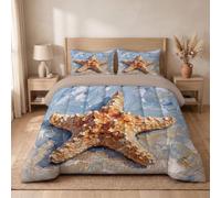 Couette Vagues D'Étoiles Mer, Réversible sans Housse 264X240 Cm Parure De Lit en Microfibre Douce Et Confortable Orange Chaud, Style Peinture À l'huile Lavable en Machine Décor De Chambre