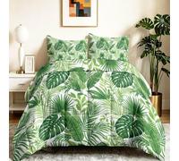 Couettes Imprimée Plantes Monstera Feuilles Vertes 140 x 200 cm 4 Saisons pour 2 Personnes, Couette Réversible sans Housse Plaid Nature Bohème Edredon avec 2 Taies d'oreiller - Lavable en Machine