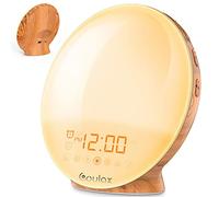 COULAX Réveil Lumineux Aspect Bois lumière du Jour avec 2 Heures de réveil, 7 Sons de la Nature et Radio FM Snooze Wake Up Light Alarm Clock pour Adultes et Enfants