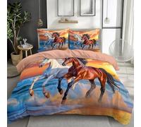 Couleur Orange Parure de lit imprimé 3D 90x190 cm Cheval Animal De Plage Housse de Couette Garçon Fille Housse de Couette avec 2 Taie d'oreiller, Ensemble Literie Enfants Adolescents