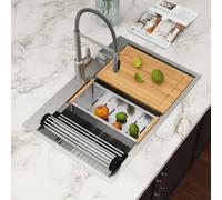 Couoko Évier de cuisine encastrable de 76,2 cm avec accessoires | Acier inoxydable de calibre 16, bol simple, coin rond, fait à la main, finition brossée, fond incliné et rainures en forme de